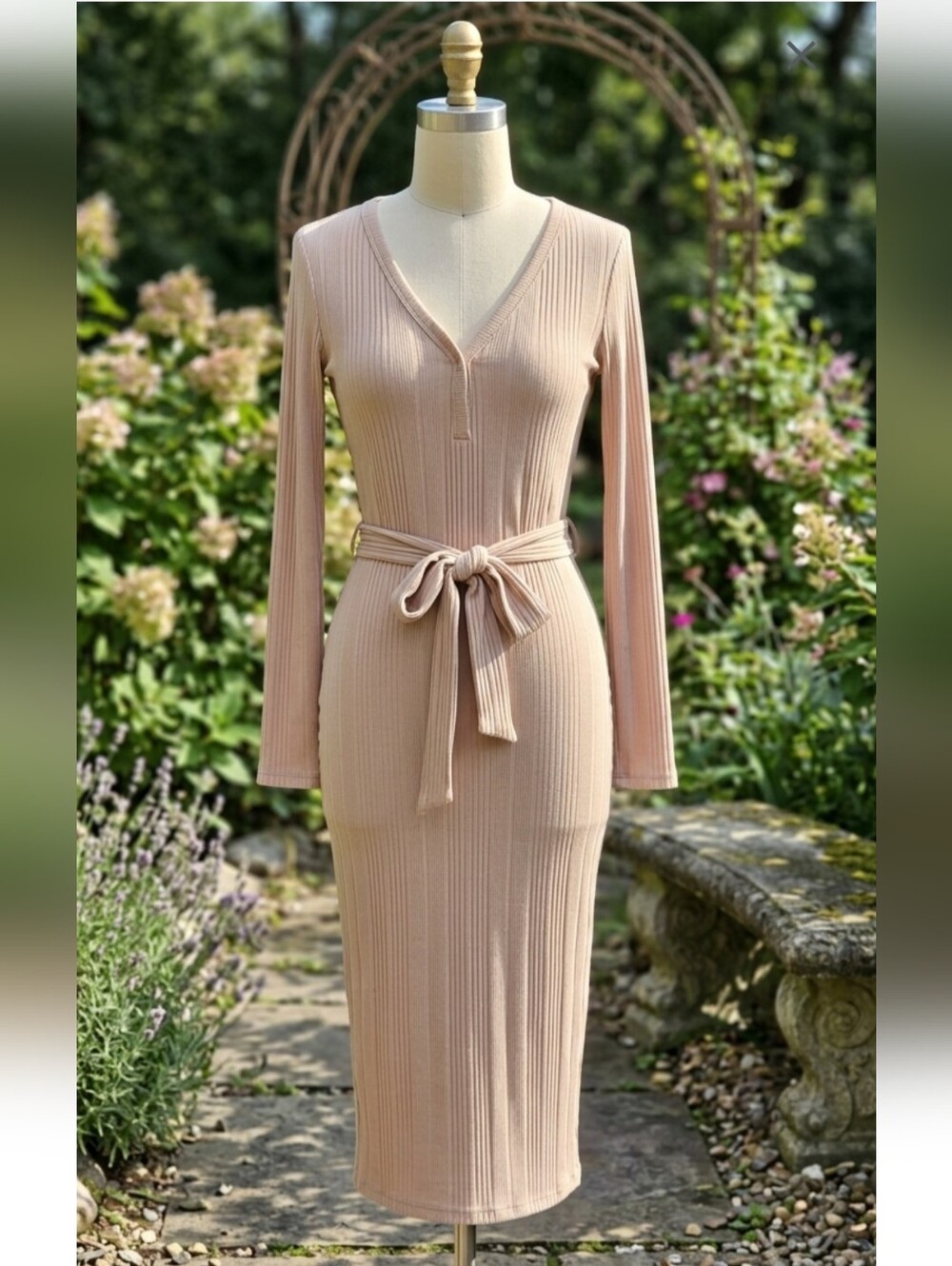 . Ribbed Long-Sleeve Tie-Waist Midi Dress in Tan - Picture 1 of 4